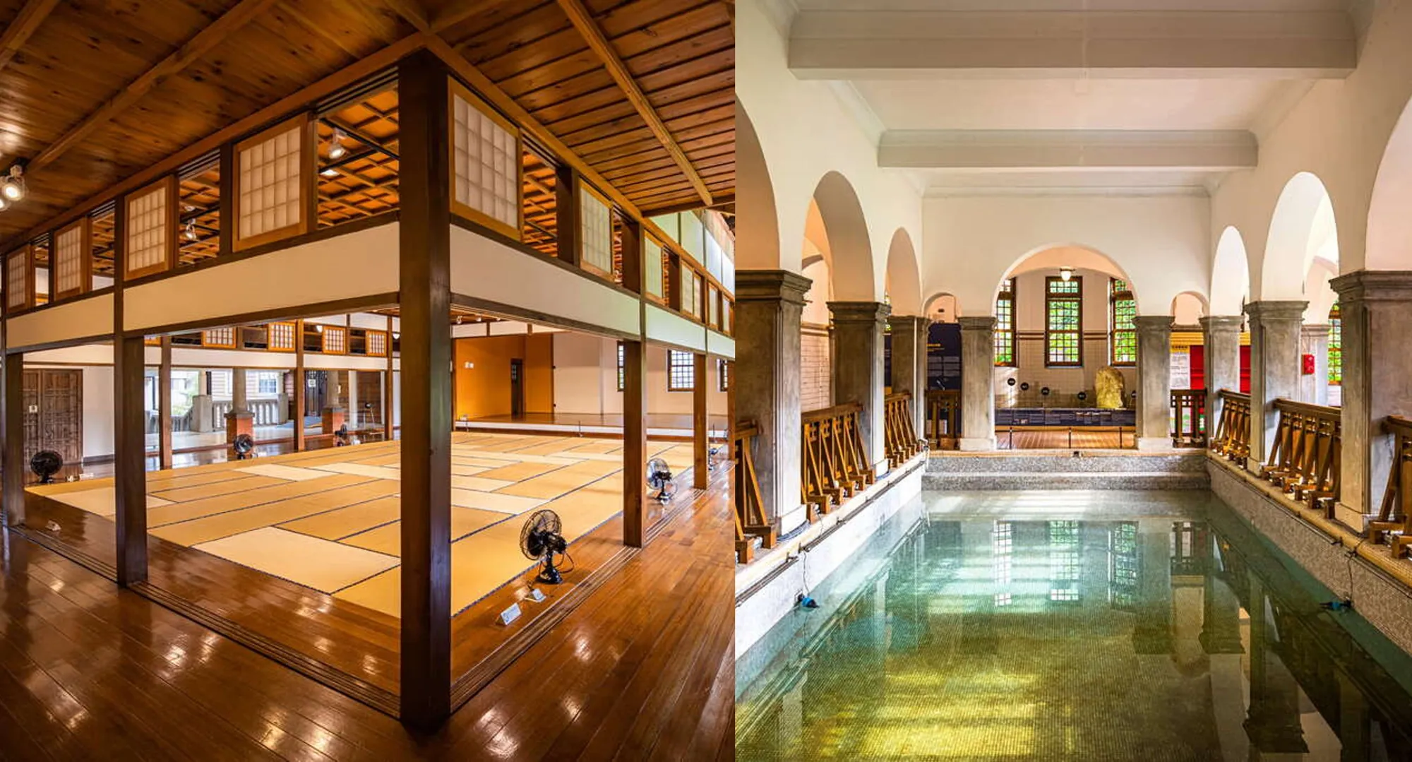 北投溫泉博物館內部建築特色，左圖為寬敞的日式榻榻米大廳，右圖為歷史悠久的歐式羅馬大浴池與拱窗設計