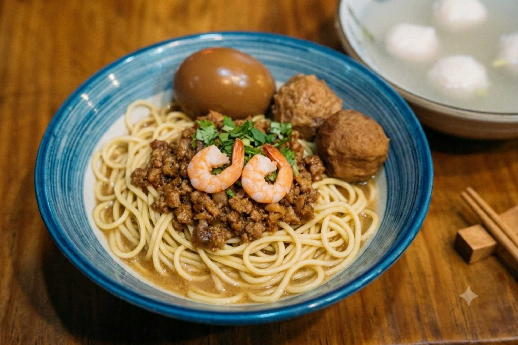 台南擔仔麵搭配肉燥、鮮蝦、滷蛋與丸子。