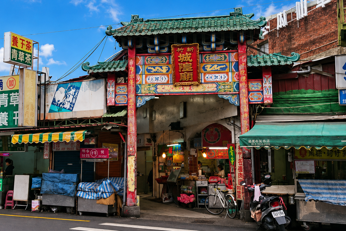 新竹都城隍廟入口旁的老字號小吃攤與往來人潮，呈現熱鬧的廟口美食街景。