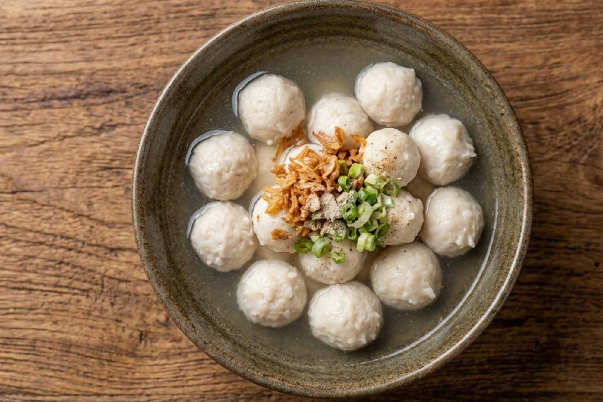 一碗台灣旗魚丸湯,白色旗魚丸搭配油蔥與青蔥點綴。
