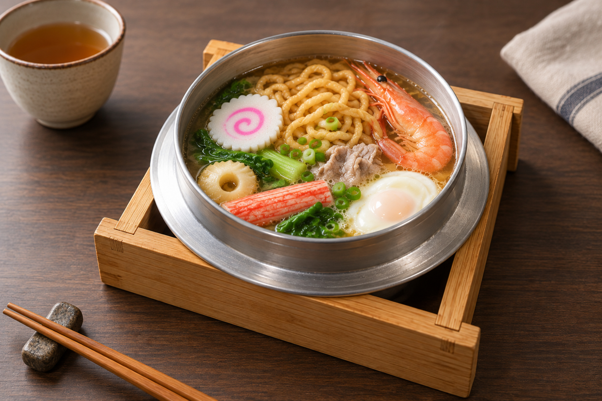 臺南鍋燒意麵，筷子夾起炸意麵，碗中搭配雞蛋、青菜與火鍋料