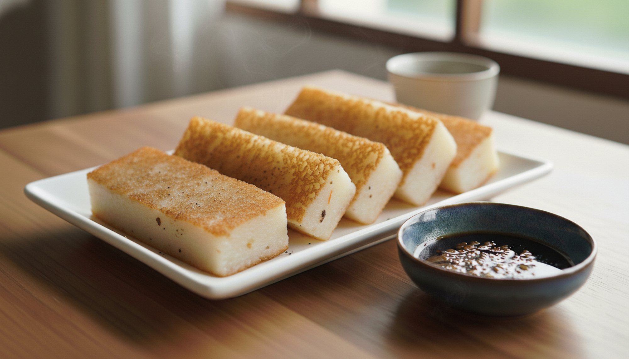 台灣菜頭粿煎至表面金黃，切成長方塊搭配醬料食用。